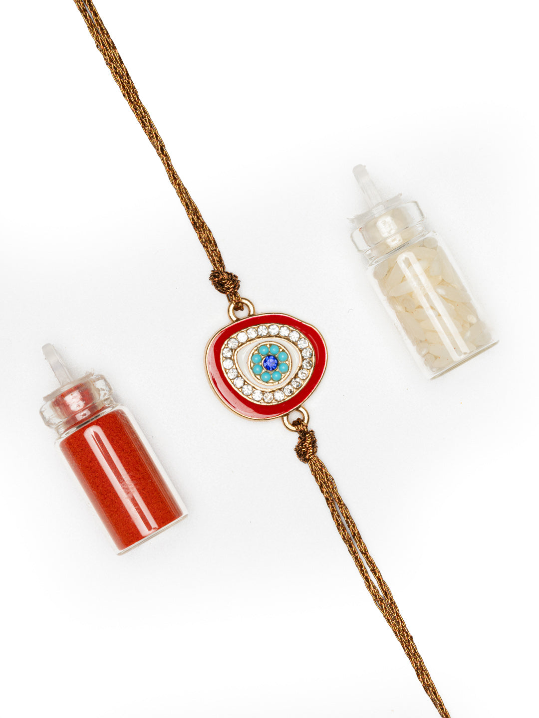 LOOK AND ADORN evil eye rakhi with red and blue eye design and decorative stones on brown thread