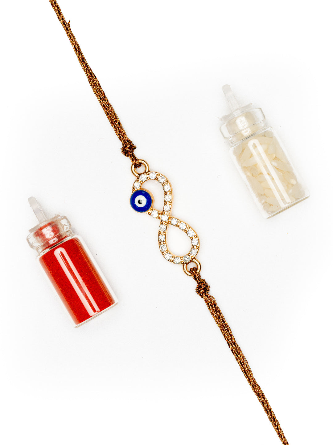 LOOK AND ADORN evil eye rakhi with infinity symbol and blue eye charm on brown thread