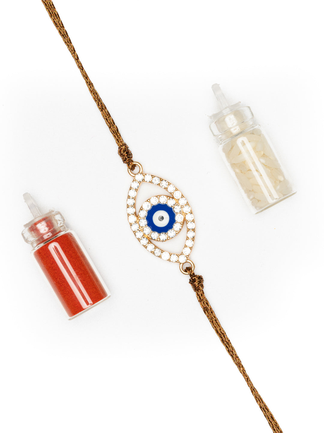 LOOK AND ADORN evil eye rakhi with blue and white stones on brown thread with red and white powder containers