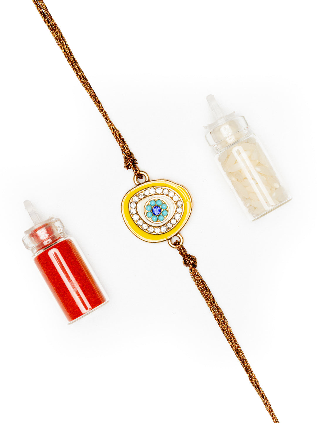 LOOK AND ADORN evil eye rakhi with blue and white stones and brown thread on white background