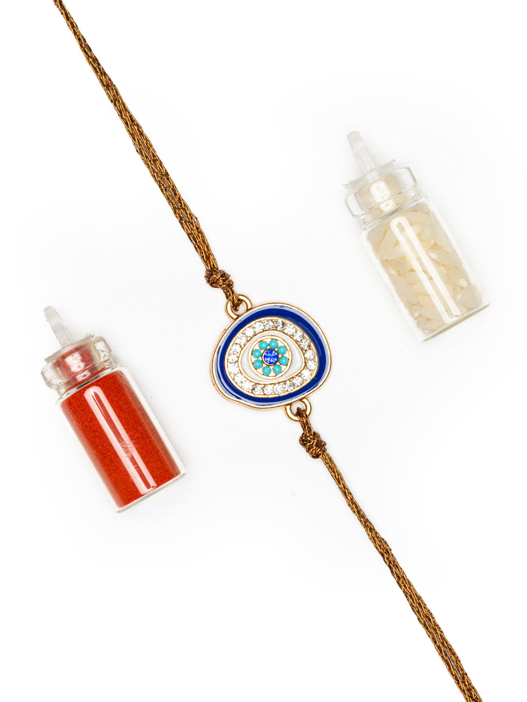 LOOK AND ADORN evil eye rakhi with blue and white design and brown thread with red and white powder bottles