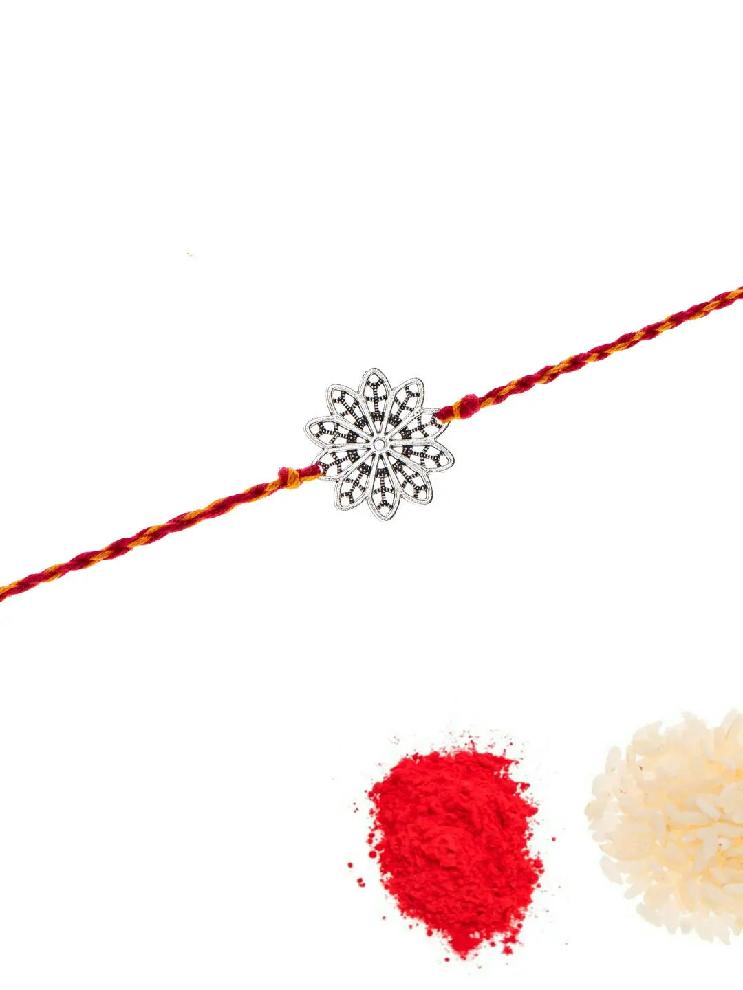 LOOK AND ADORN floral rakhi with silver flower design and red yellow braided thread