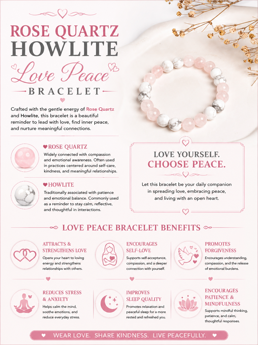 Rose Quartz Howlite Love Peace Bracelet LOOK AND ADORN - designed for you