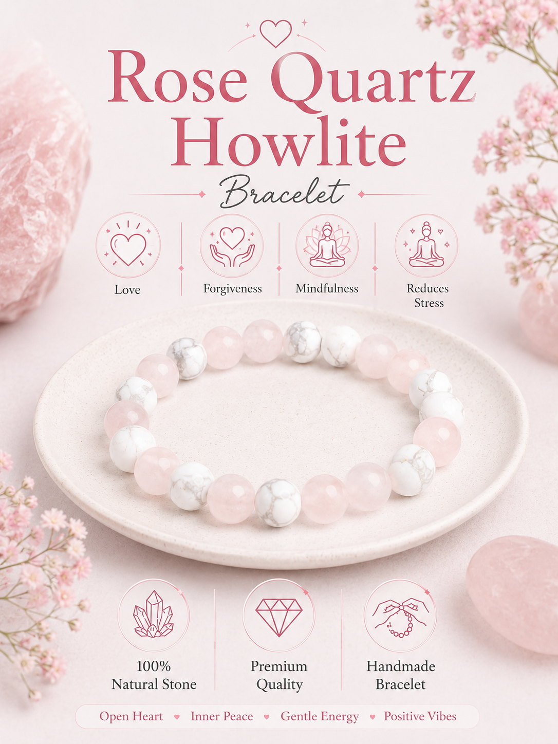 Rose Quartz Howlite Love Peace Bracelet LOOK AND ADORN - designed for you