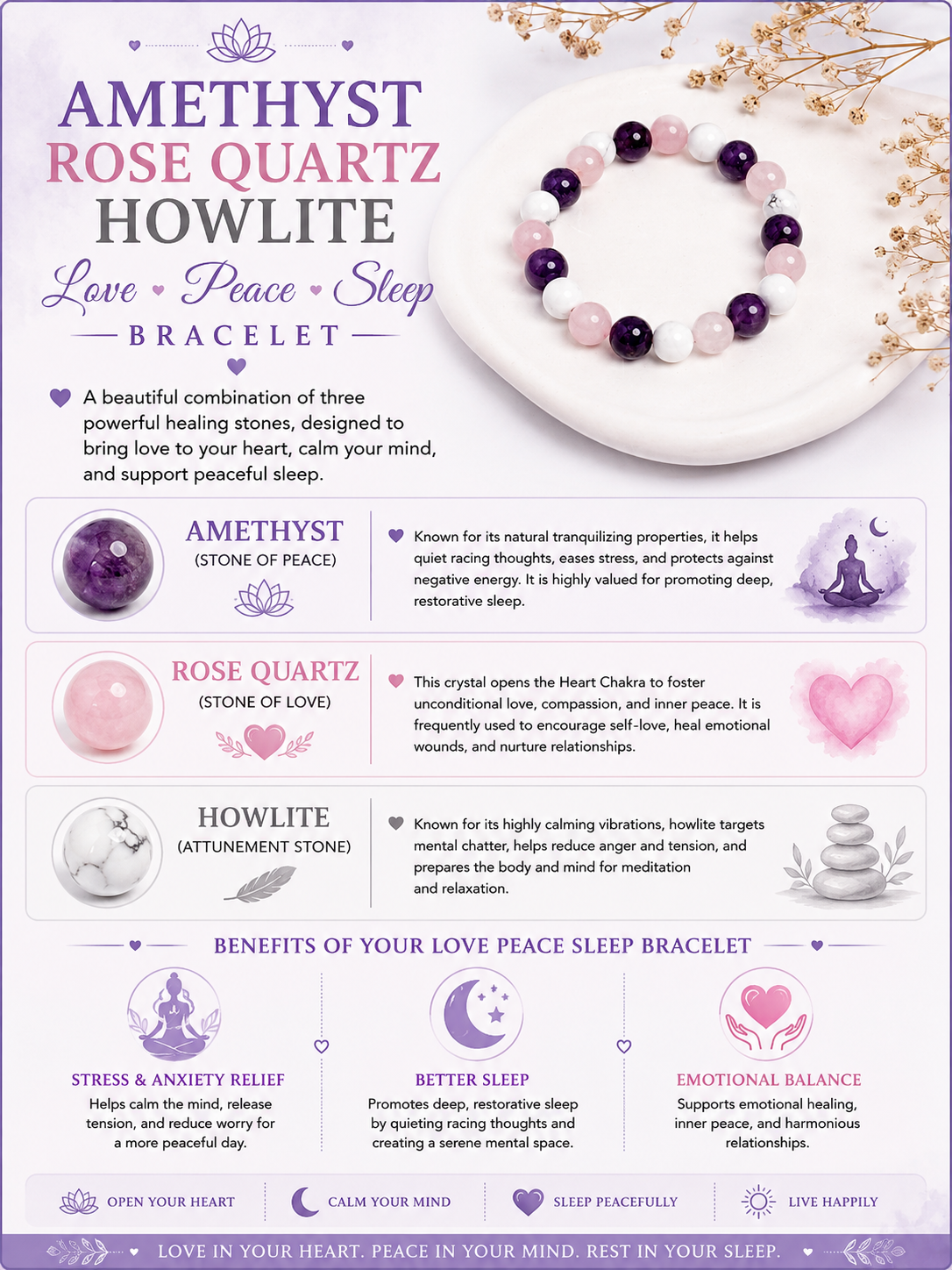 Amethyst Rose Quartz Howlite Bracelet LOOK AND ADORN - designed for you