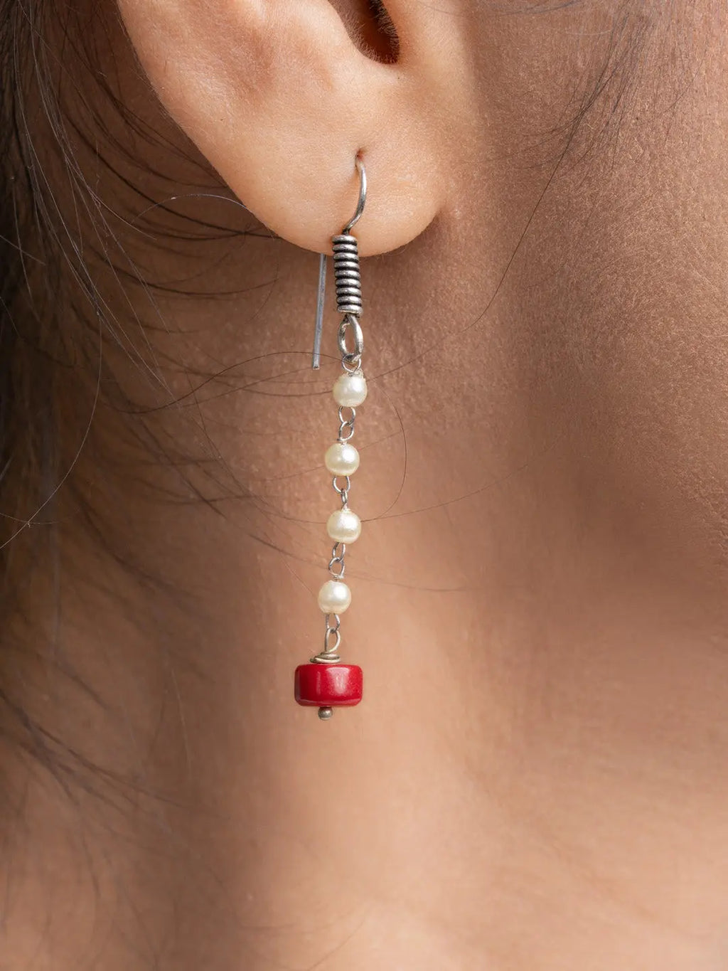 Handmade mother of pearl necklace set featuring delicate pearl and red bead drop earrings