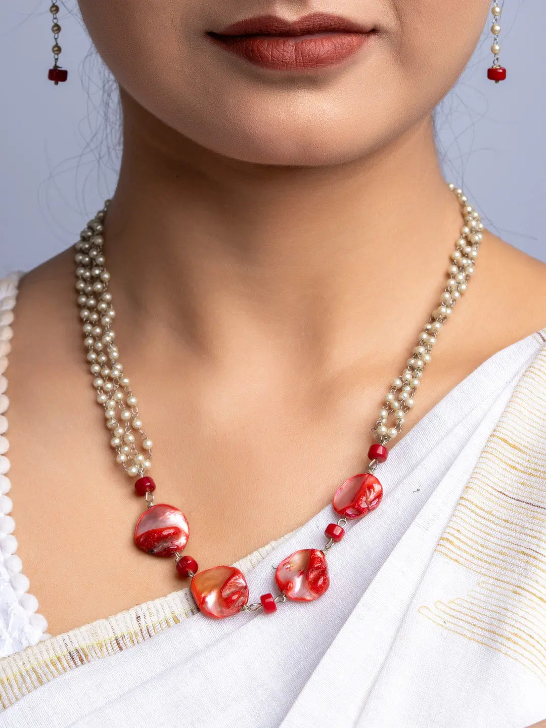 Handmade mother of pearl necklace set with red and pearl beads by LOOK AND ADORN