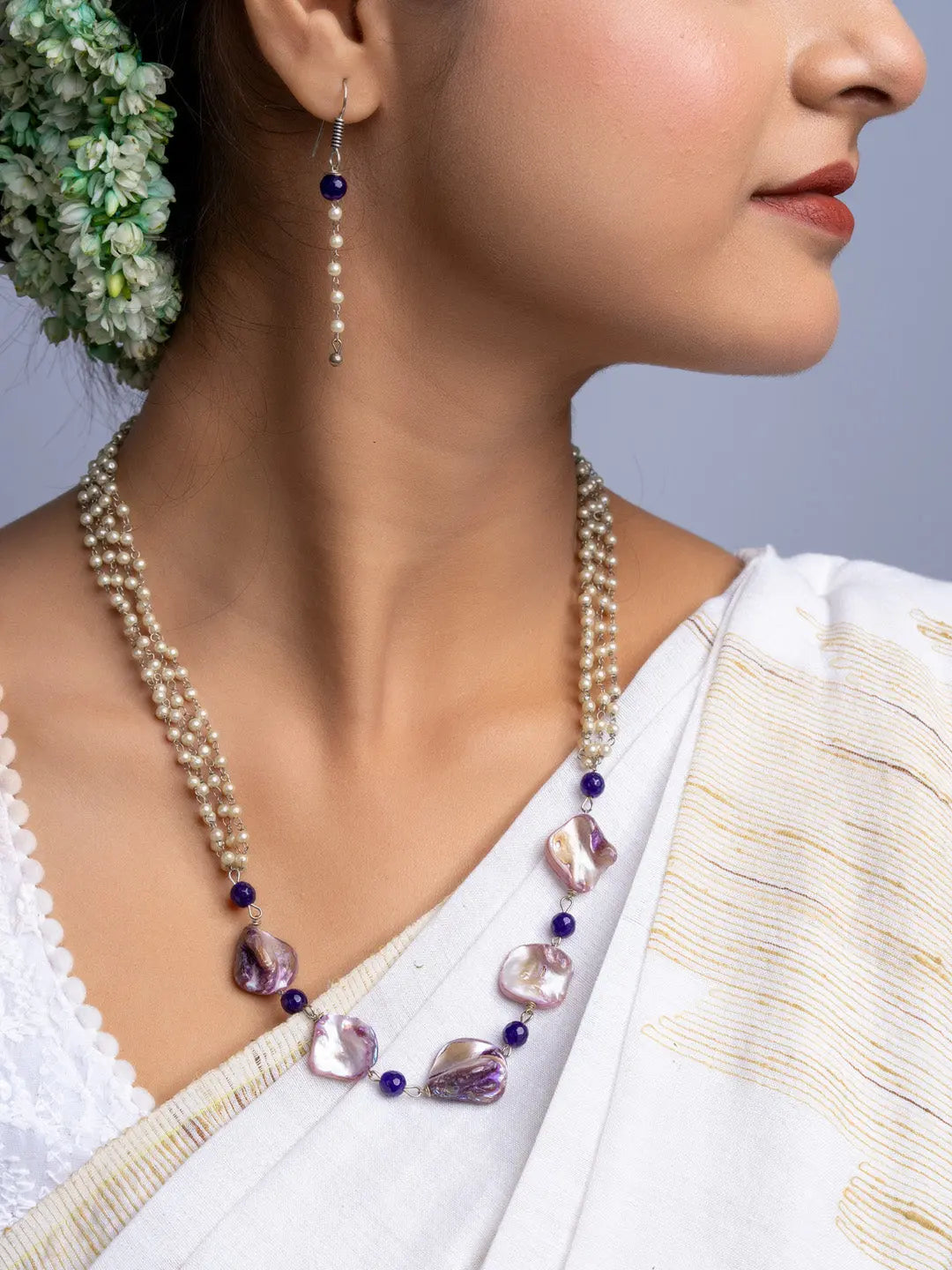 Handmade mother of pearl necklace set with purple beads and matching pearl earrings by LOOK AND ADORN