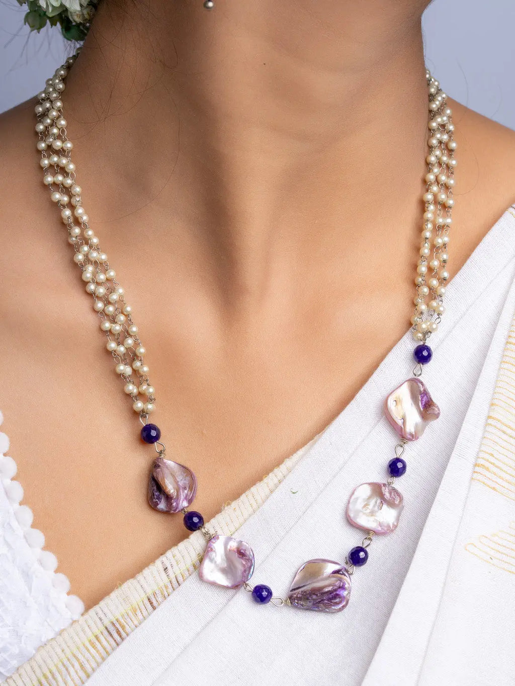 Handmade mother of pearl necklace set with layered pearl strands and purple accents by LOOK AND ADORN