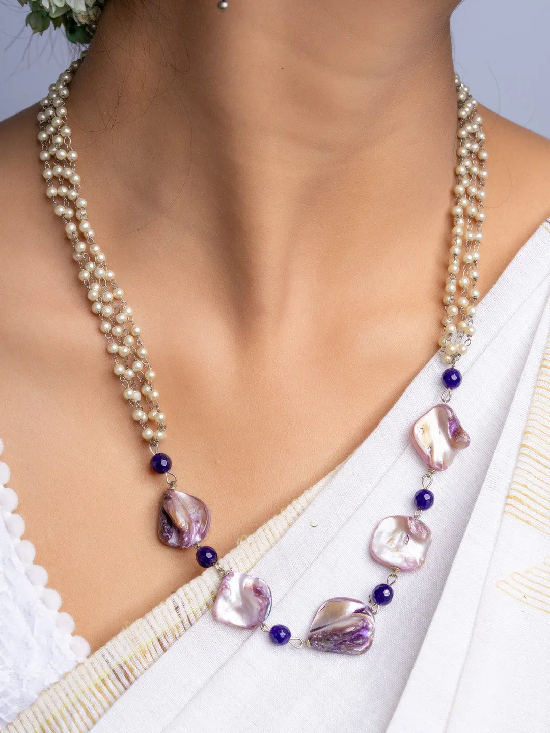 Handmade mother of pearl necklace set with layered pearl strands and purple accents by LOOK AND ADORN