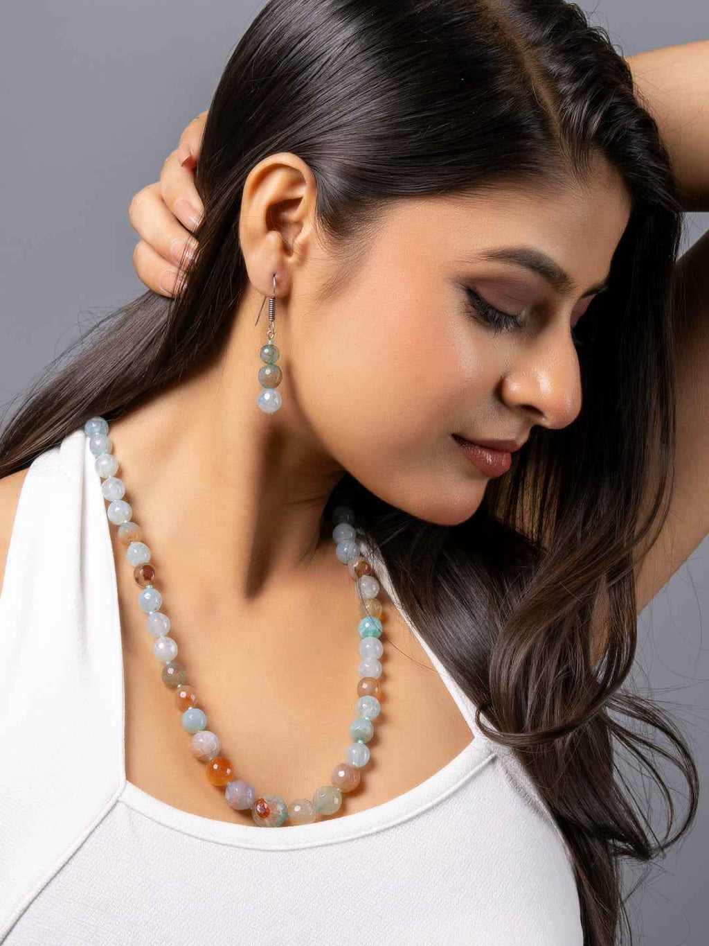 Handmade multi-colored gemstone onyx necklace set with matching earrings for elegant style