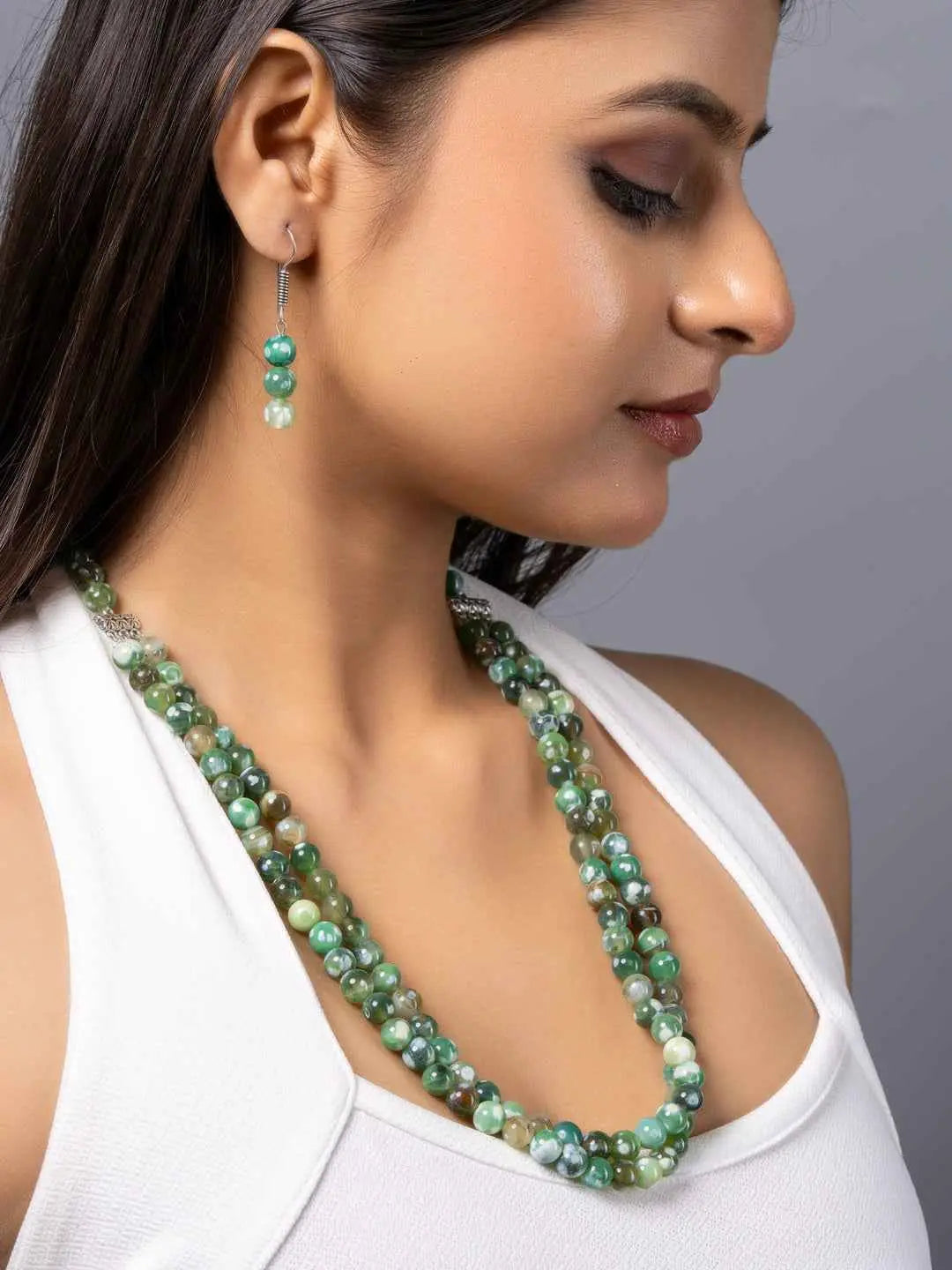 Handmade green onyx necklace set with elegant beads and matching earrings for a stylish look