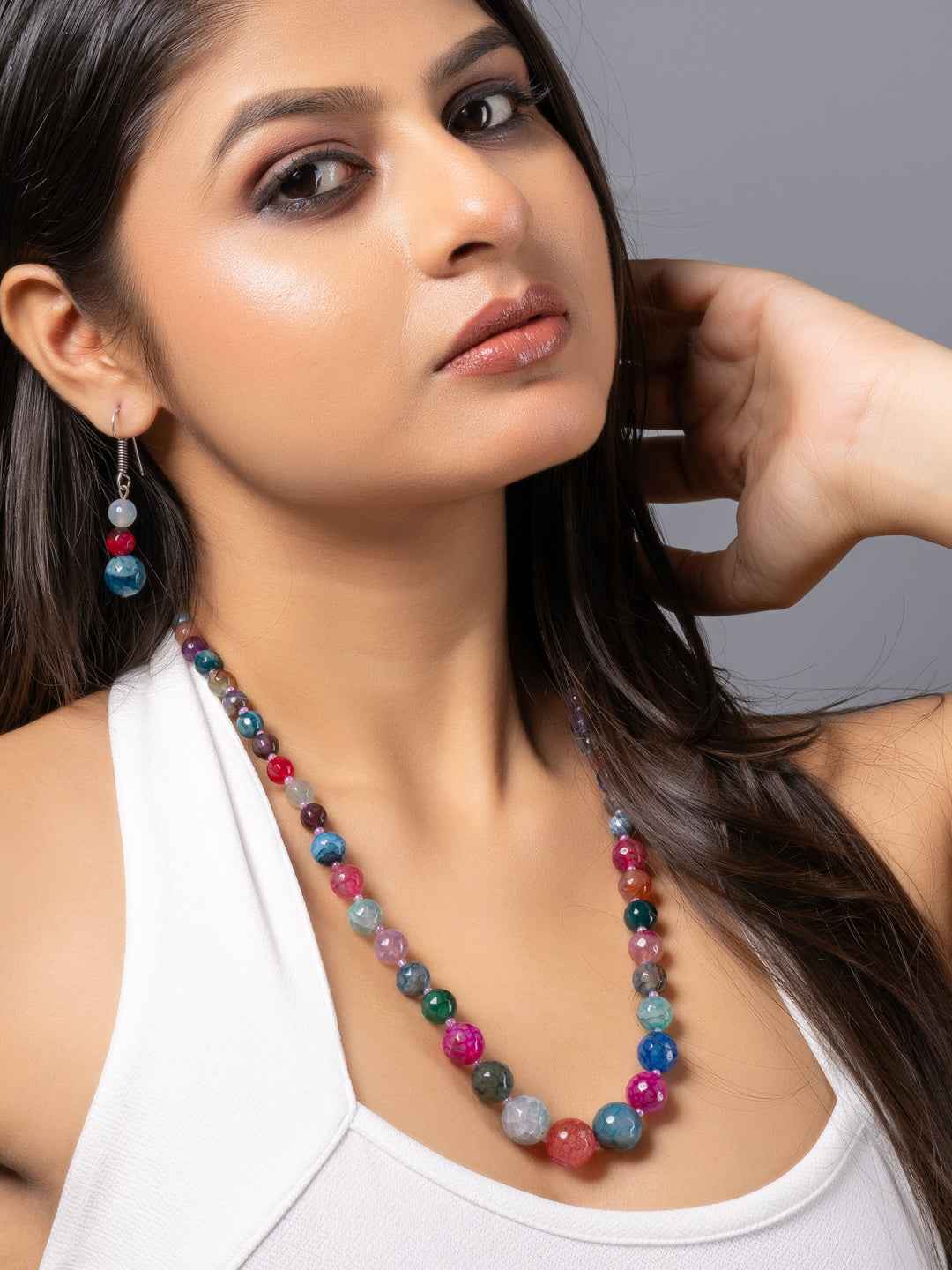 Handmade onyx necklace set featuring colorful gemstone beads, designed for a vibrant look