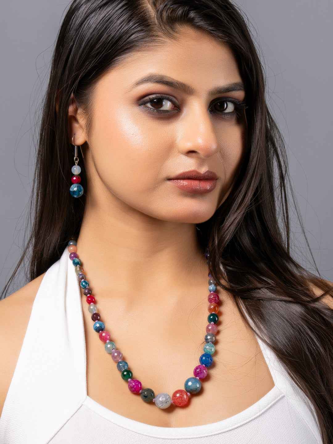 Colorful handmade onyx necklace set with vibrant beads and matching earrings for a stylish look