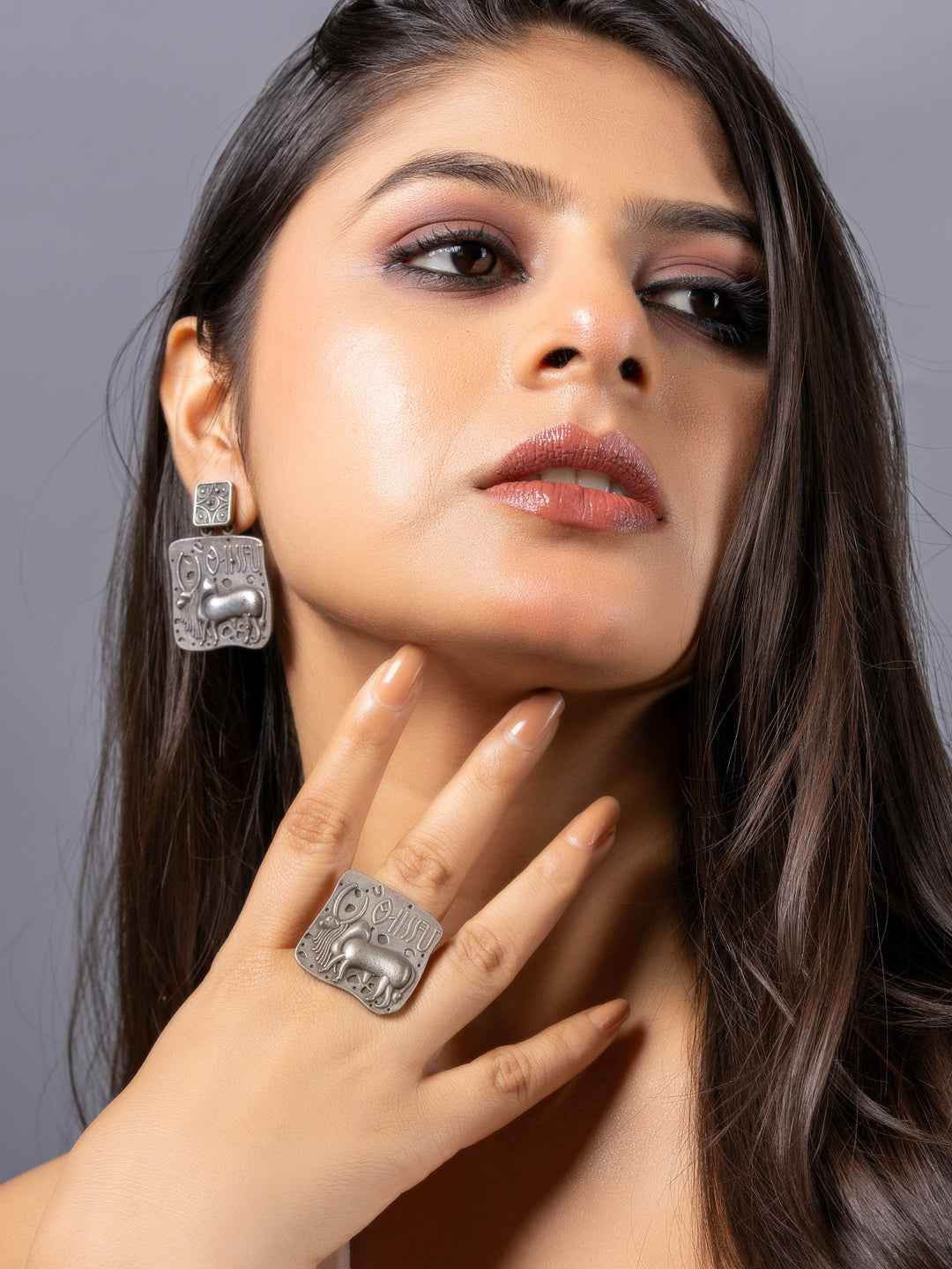 Oxidised earrings with intricate square design and matching oxidised ring for elegant style