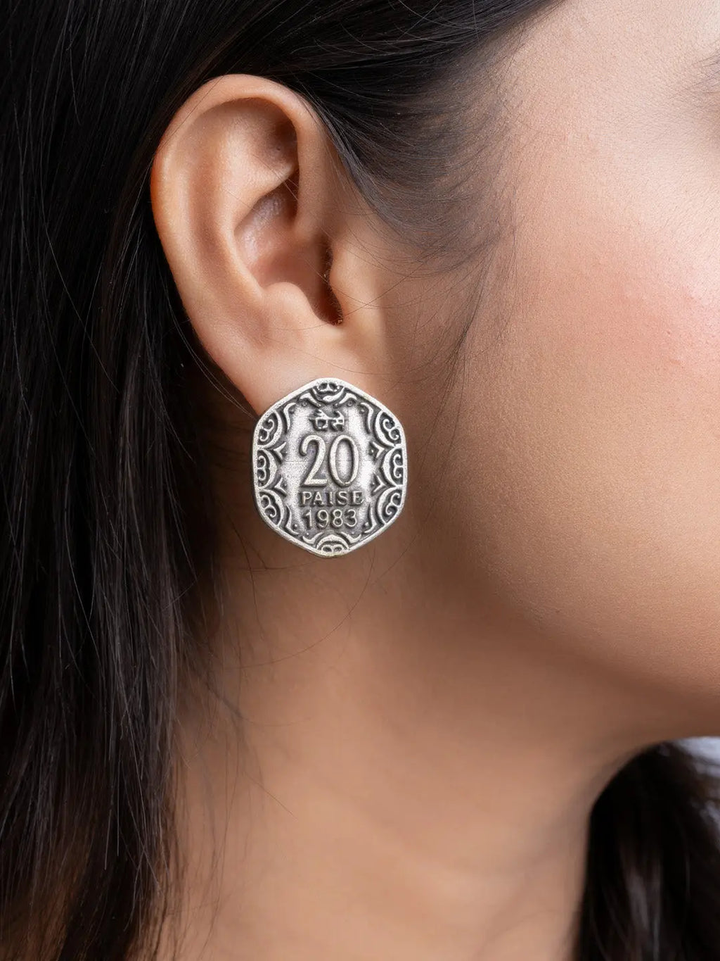 LOOK AND ADORN oxidised silver earrings shaped like vintage 20 paise coin worn on ear