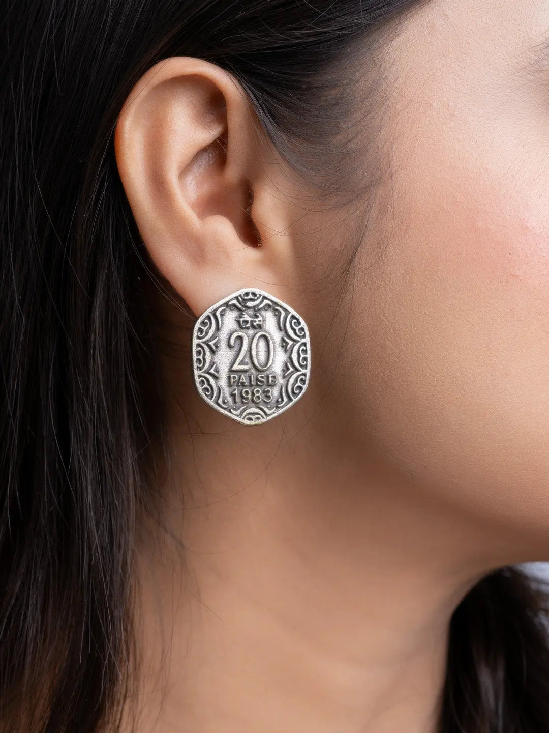 LOOK AND ADORN oxidised silver earrings shaped like vintage 20 paise coin worn on ear