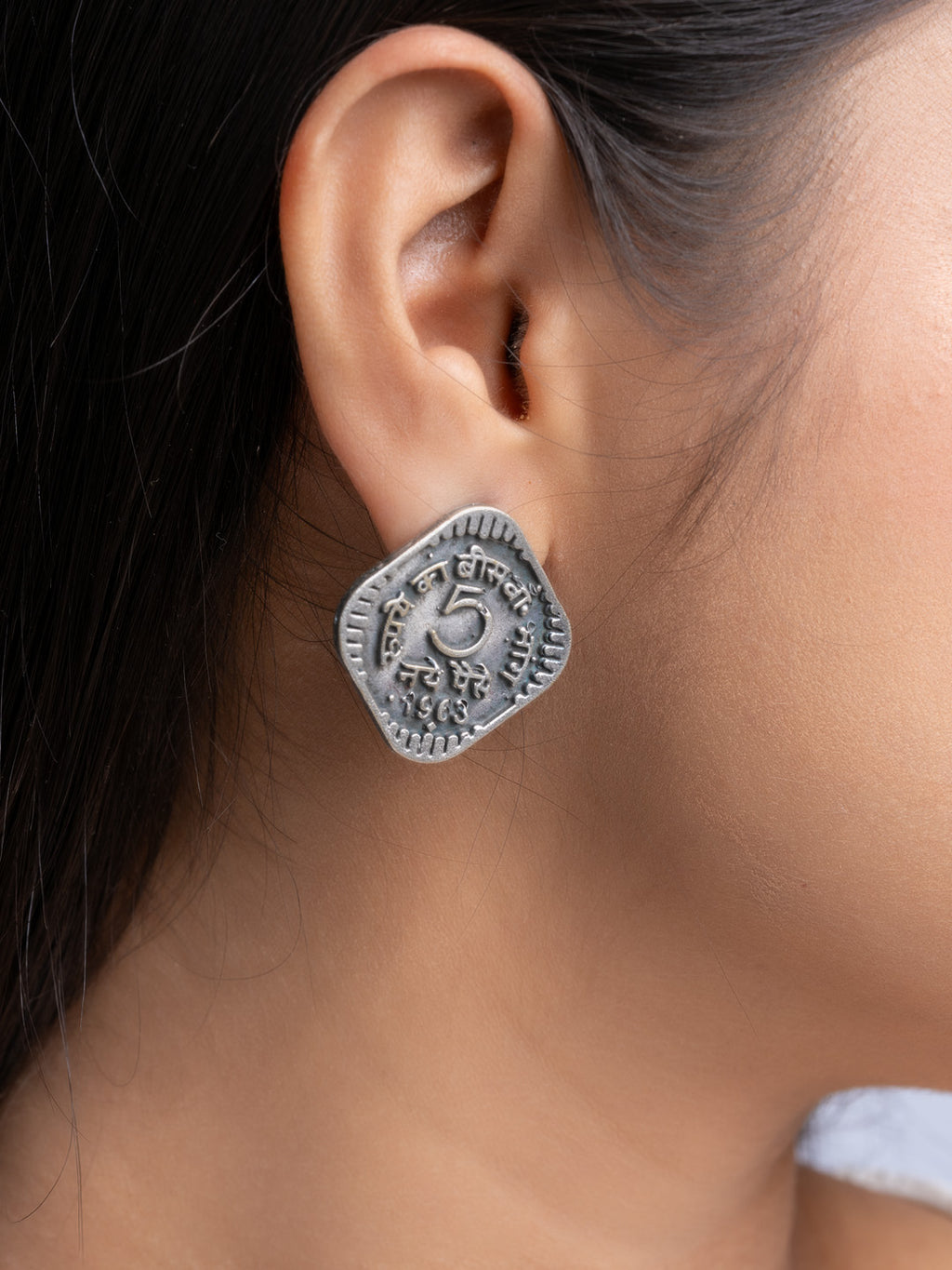 LOOK AND ADORN oxidised silver earrings with engraved design worn on ear