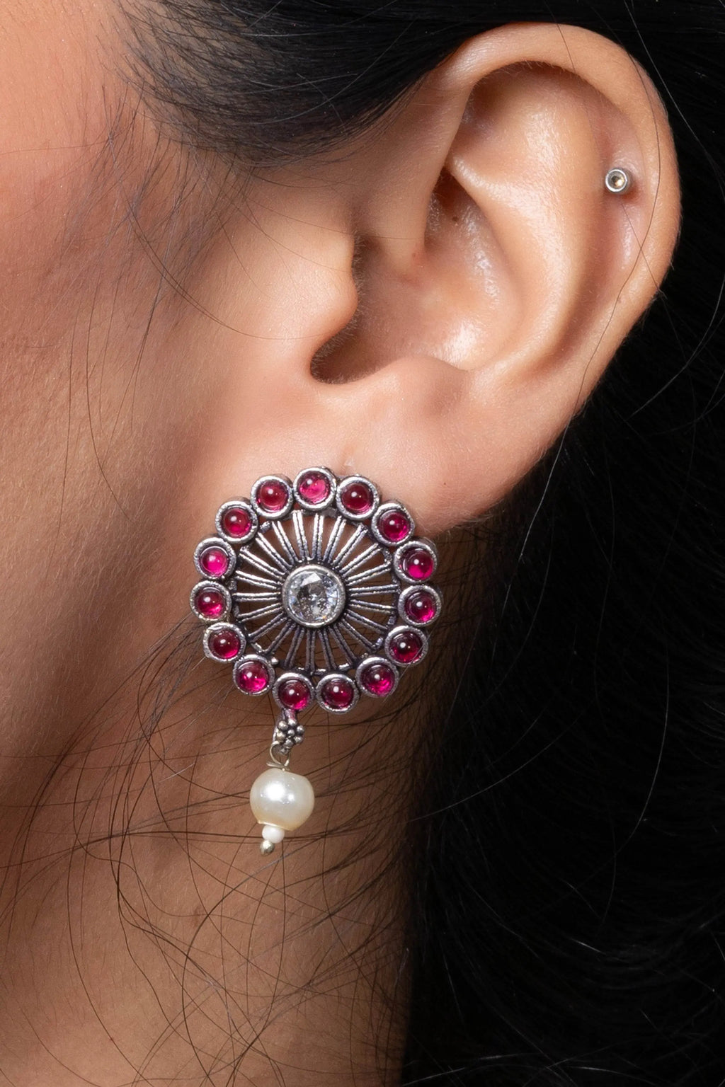 Oxidised silver stud earring with colorful stones and pearl drop for a stylish look