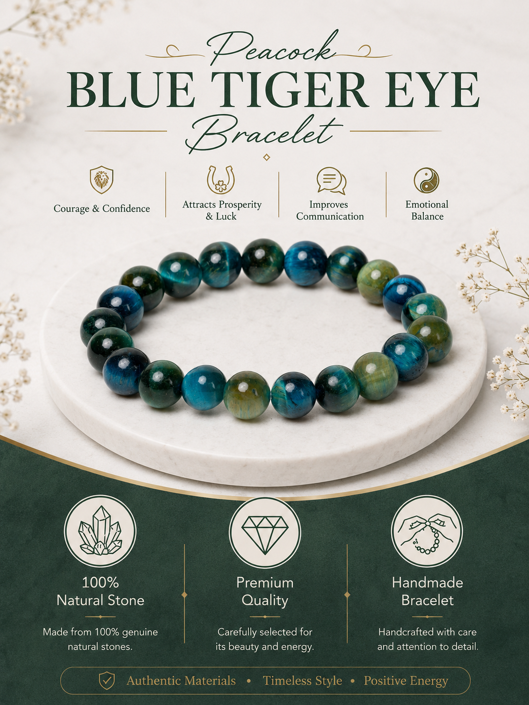 Peacock Blue Tiger Eye Bracelet LOOK AND ADORN - designed for you