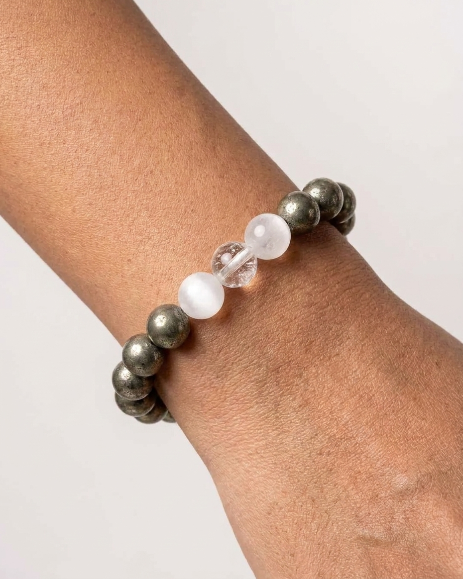 Pyrite Clear Quartz Raj Yog Bracelet with Self Recharge Selenite LOOK AND ADORN - designed for you