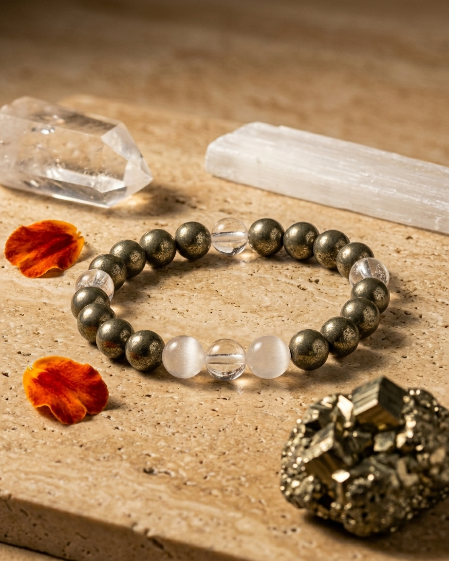Pyrite Clear Quartz Raj Yog Bracelet with Self Recharge Selenite LOOK AND ADORN - designed for you