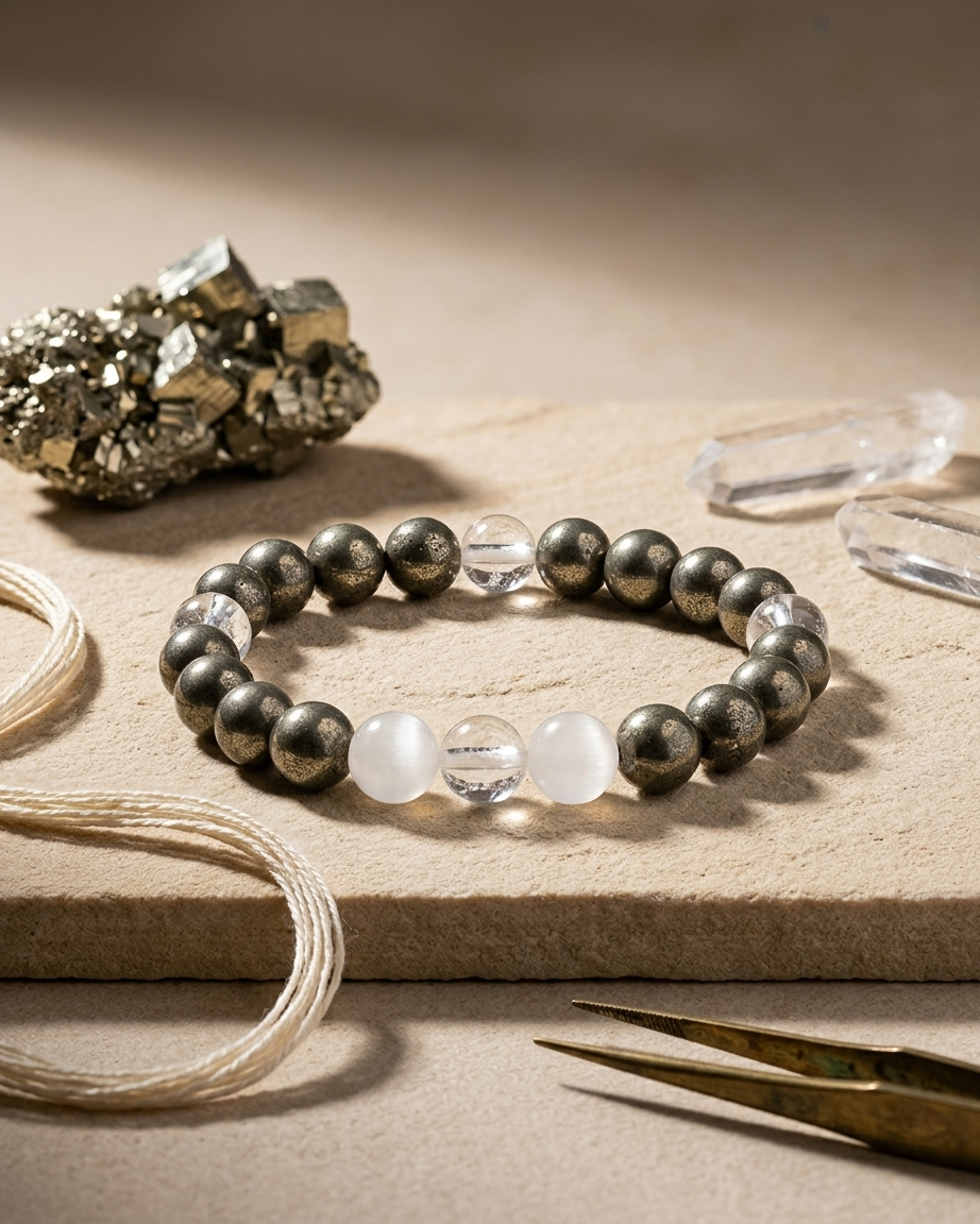 Pyrite Clear Quartz Raj Yog Bracelet with Self Recharge Selenite LOOK AND ADORN - designed for you