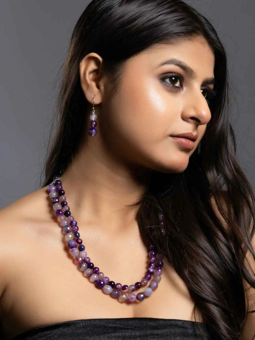 Purple onyx necklace set featuring layered beads and matching earrings for elegant styling