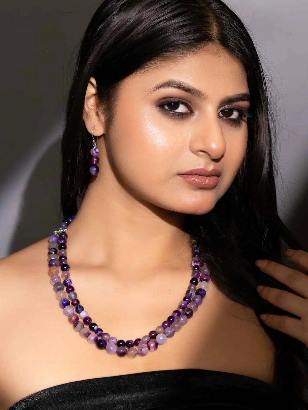 Purple onyx necklace set featuring a multi-layered design with matching earrings, handmade for elegance