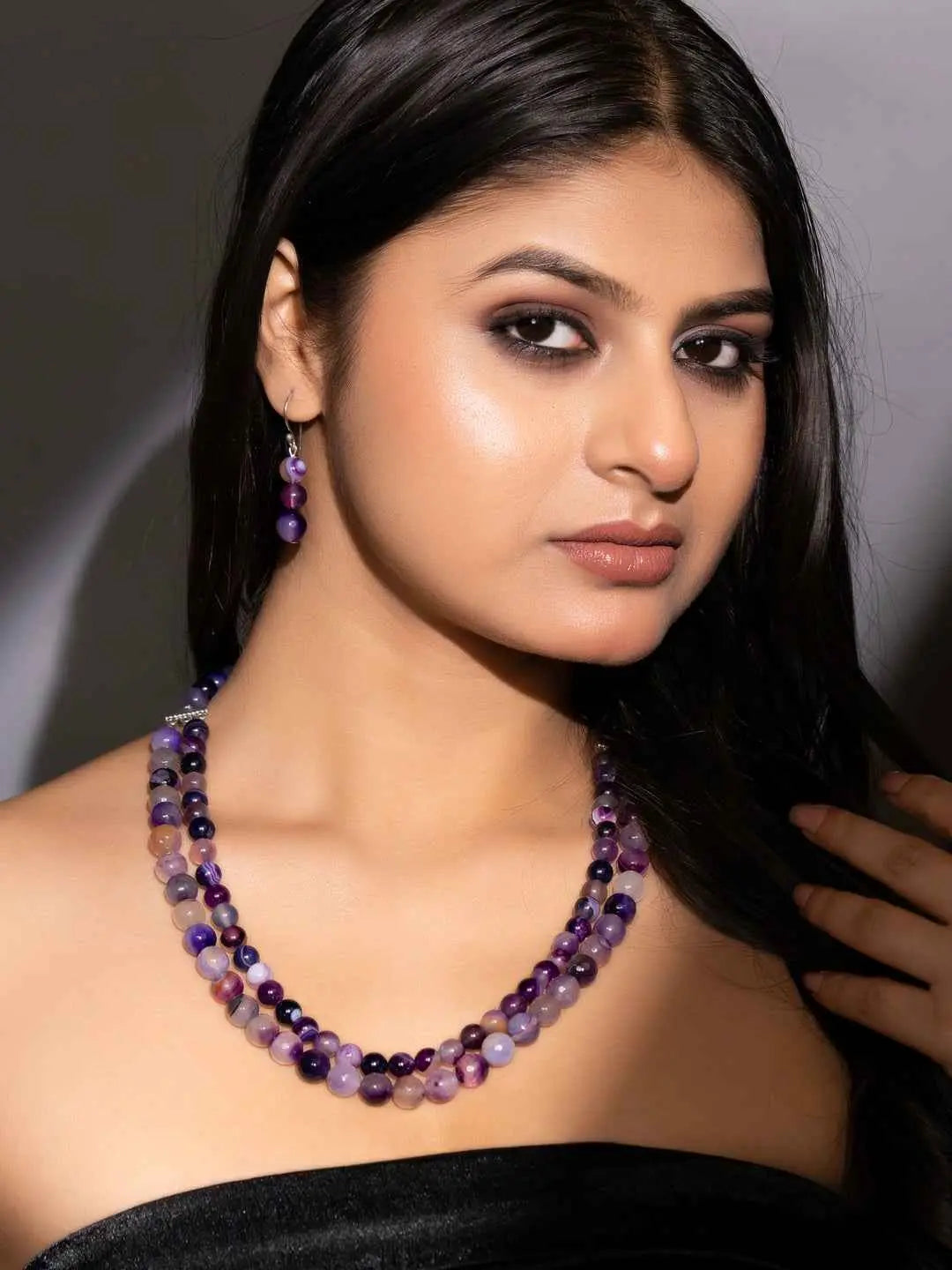 Purple onyx necklace set featuring a multi-layered design with matching earrings, handmade for elegance