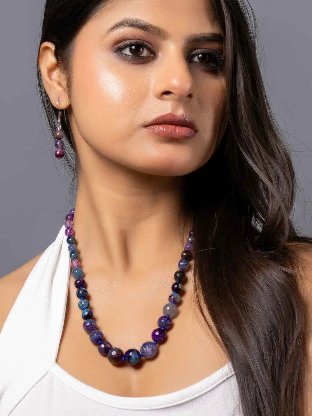 Handmade purple onyx necklace set with multi-colored beads, featuring elegant earrings, perfect for stylish outfits