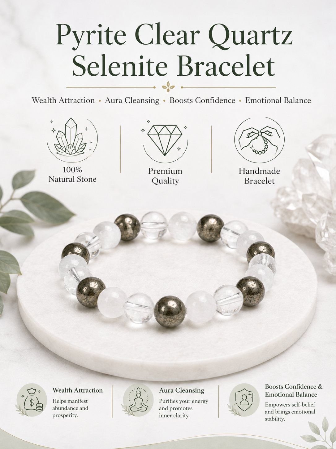 Pyrite Clear Quartz Raj Yog Bracelet with Selenite for Self-Recharge LOOK AND ADORN - designed for you