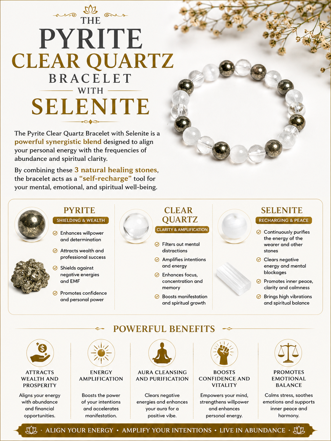 Pyrite Clear Quartz Raj Yog Bracelet with Selenite for Self-Recharge LOOK AND ADORN - designed for you
