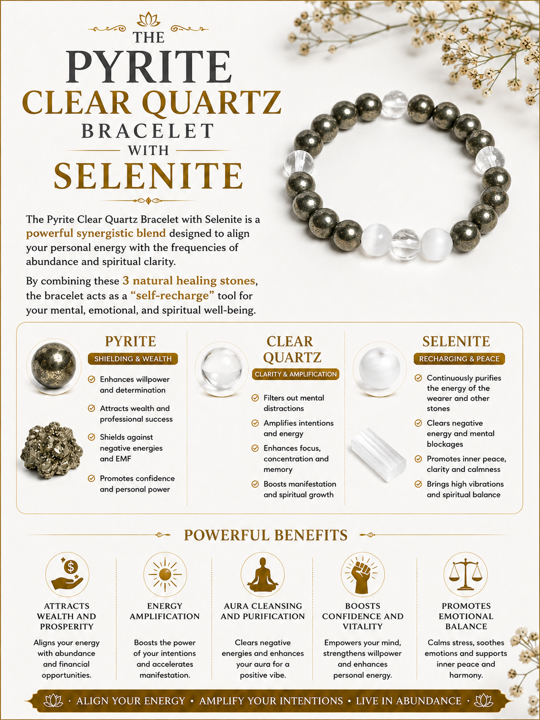 Pyrite Clear Quartz Raj Yog Bracelet with Self Recharge Selenite LOOK AND ADORN - designed for you