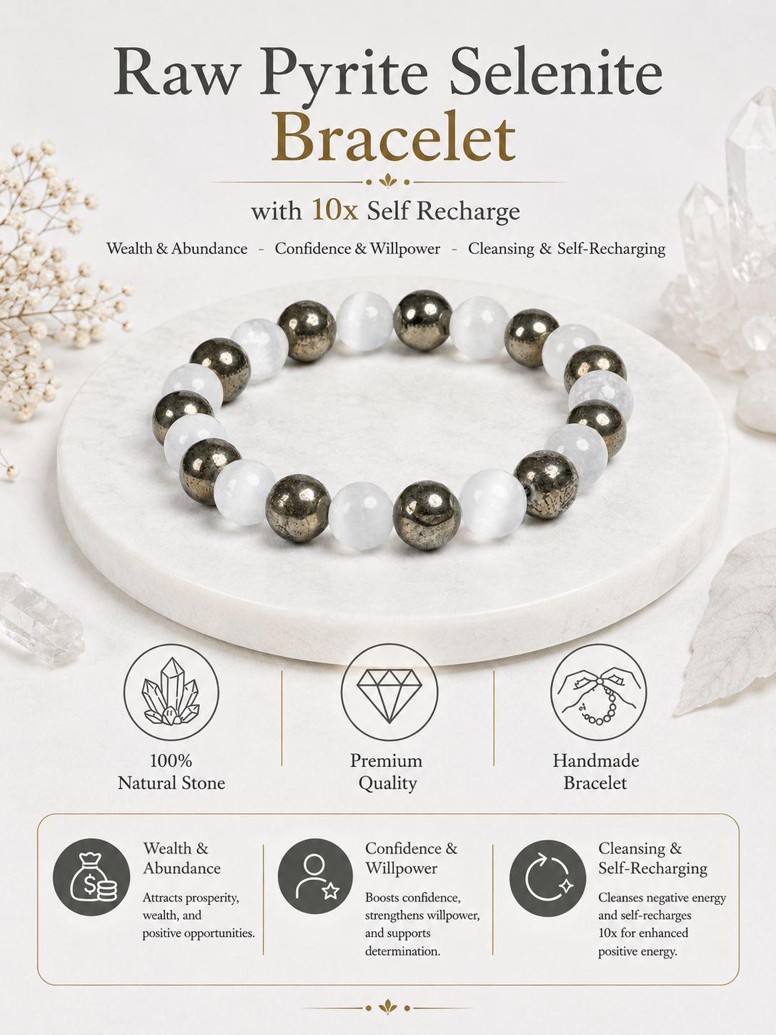 Raw Pyrite Selenite Bracelet with 10x Self Recharge LOOK AND ADORN - designed for you