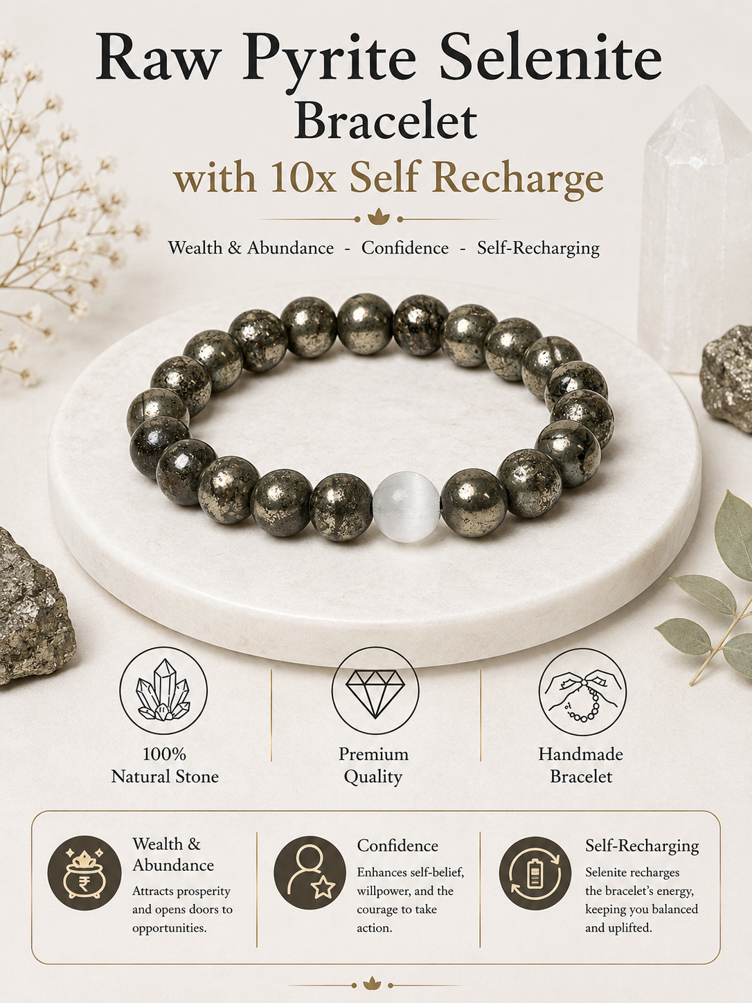 Natural Raw Pyrite with Self Recharge Selenite Bracelet LOOK AND ADORN - designed for you