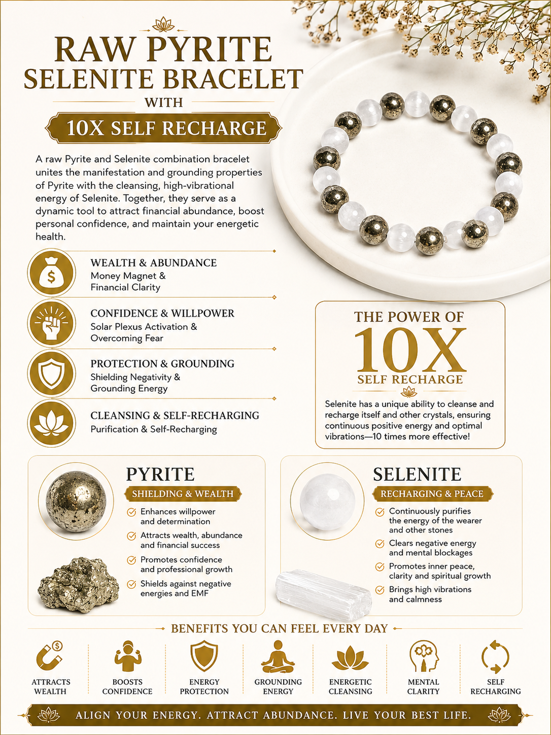 Raw Pyrite Selenite Bracelet with 10x Self Recharge LOOK AND ADORN - designed for you
