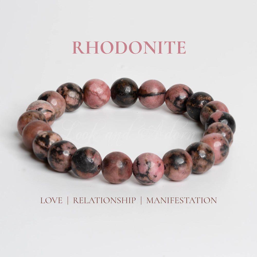 Rhodonite bracelet by LOOK AND ADORN showcasing pink and black gemstones for love and relationship manifestations