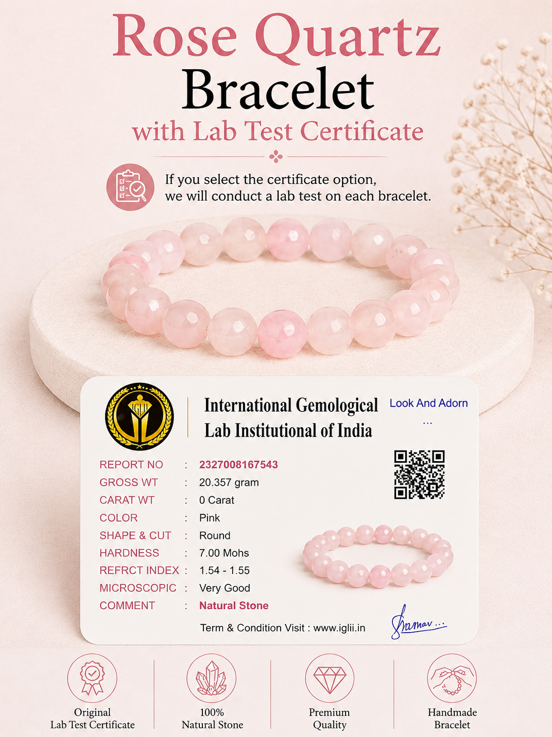 Natural Rose Quartz Stone Bracelet LOOK AND ADORN - designed for you