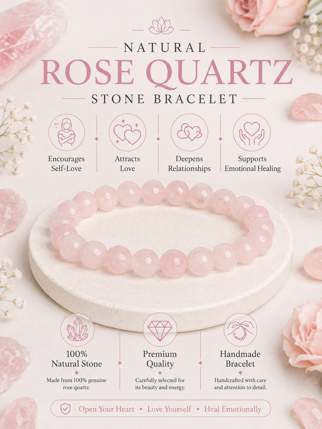 Natural Rose Quartz Stone Bracelet LOOK AND ADORN - designed for you