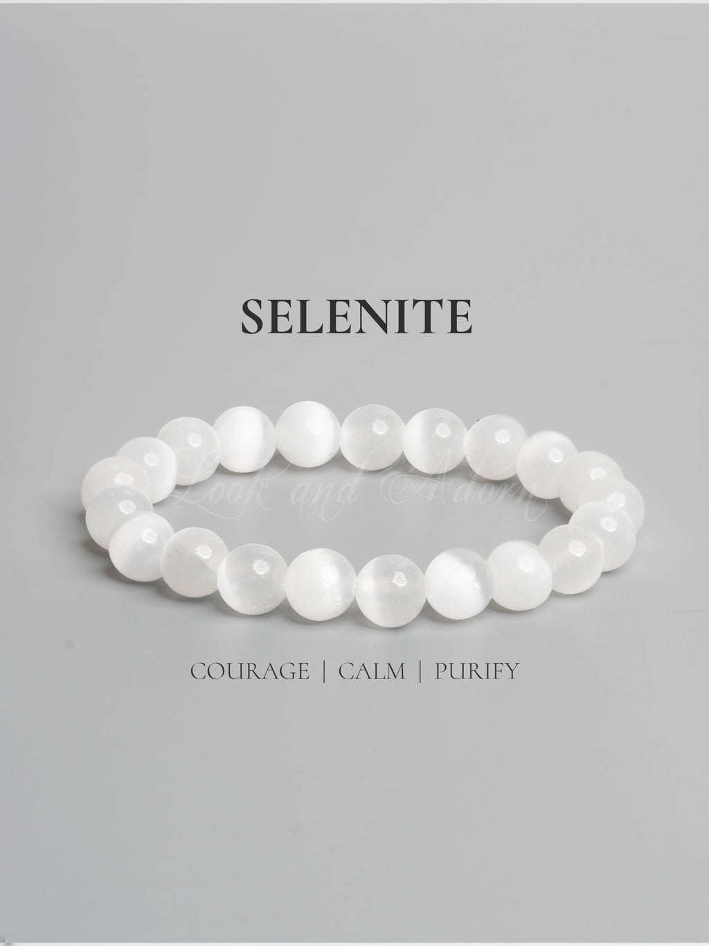 Selenite bracelet by LOOK AND ADORN featuring smooth white beads for courage and calm