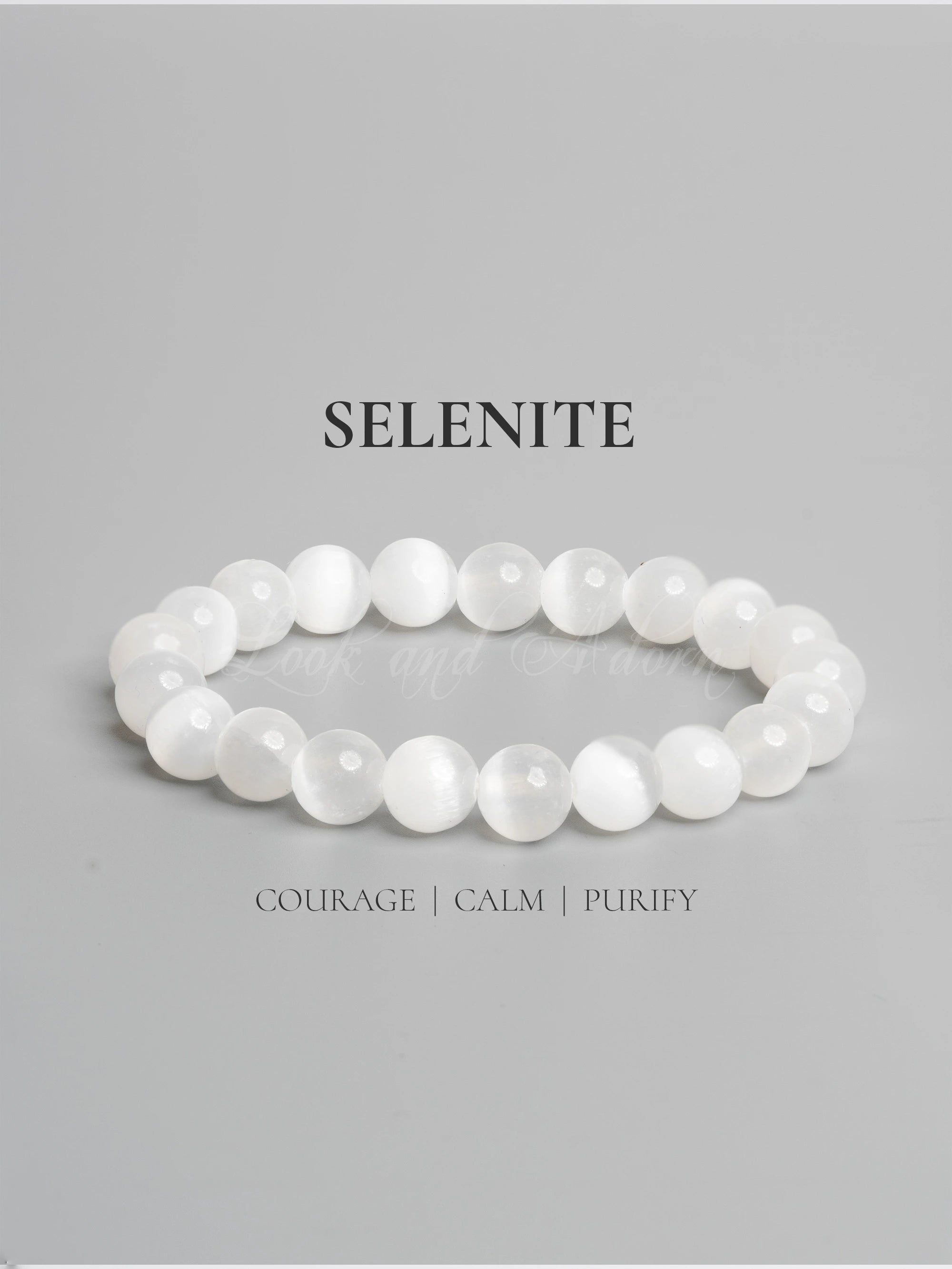 Selenite bracelet by LOOK AND ADORN featuring smooth white beads for courage and calm