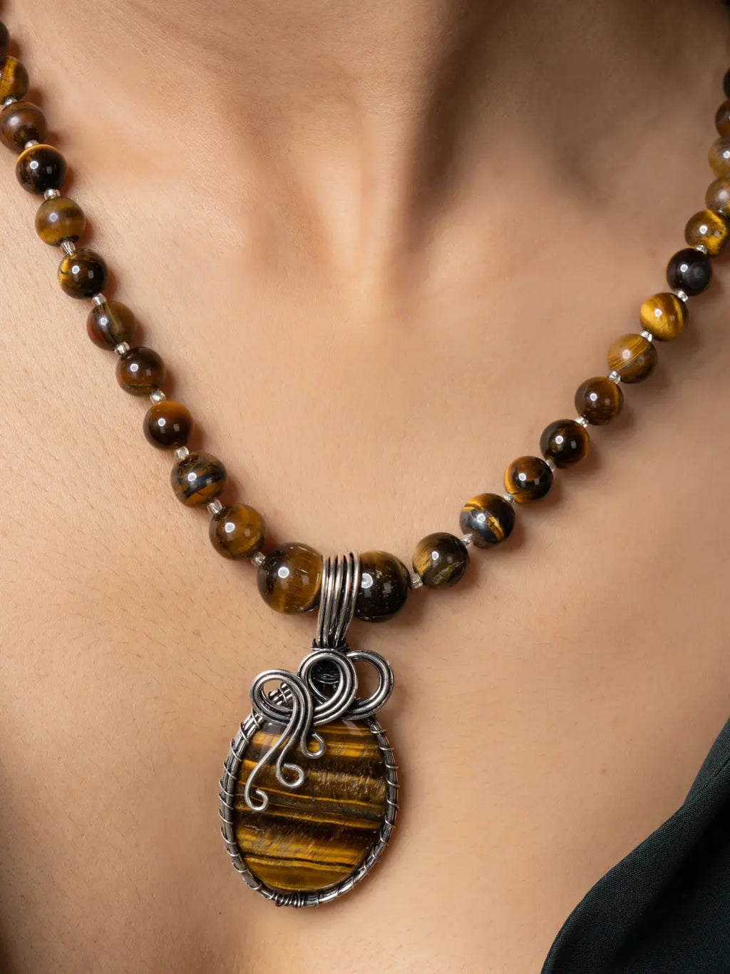 Handmade tiger eye necklace with polished beads and wire-wrapped pendant by LOOK AND ADORN