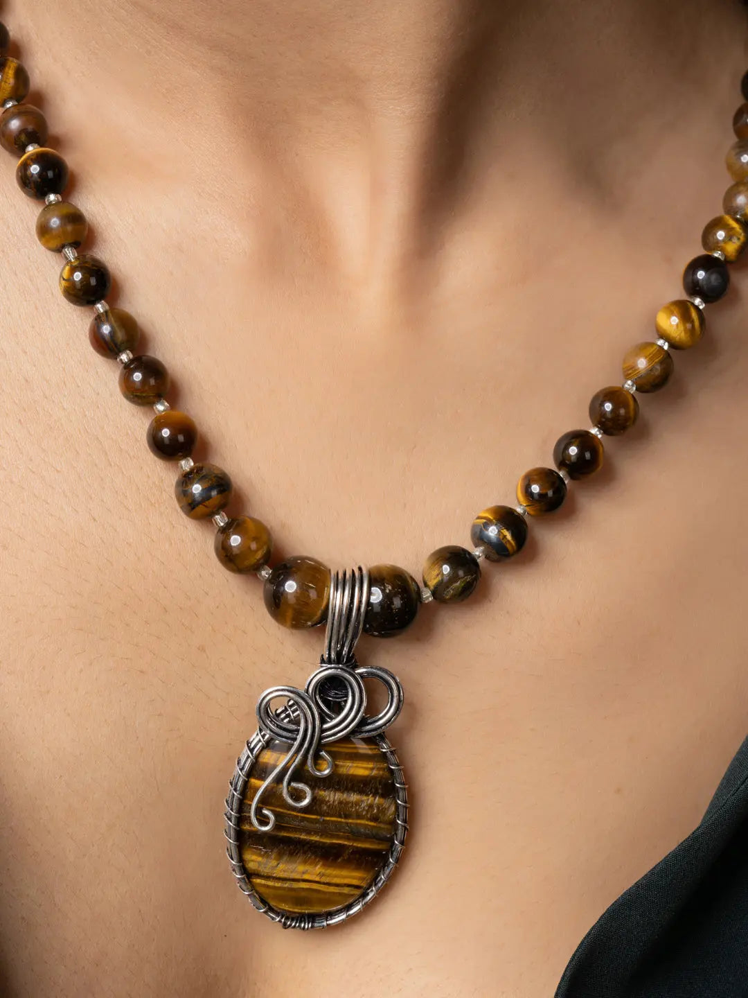 Handmade tiger eye necklace with polished beads and wire-wrapped pendant by LOOK AND ADORN