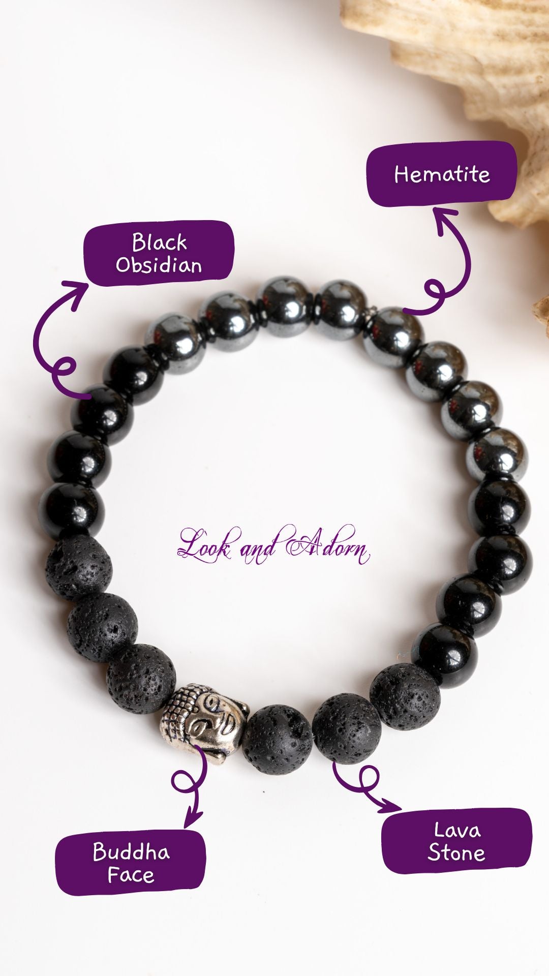 Triple protection Bracelet featuring Black Obsidian, Hematite, and Lava Stone with a Buddha face charm