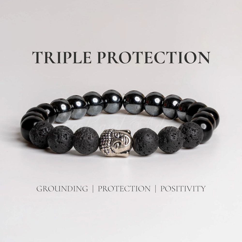 Triple Protection Bracelet featuring black gemstones and a silver Buddha charm for grounding and positivity