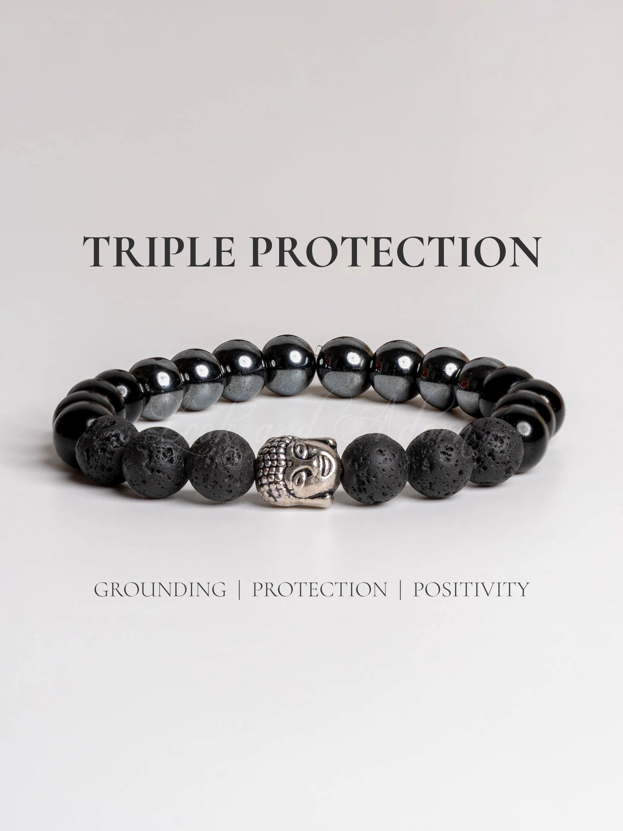 Triple Protection Bracelet featuring black gemstones and a silver Buddha charm for grounding and positivity