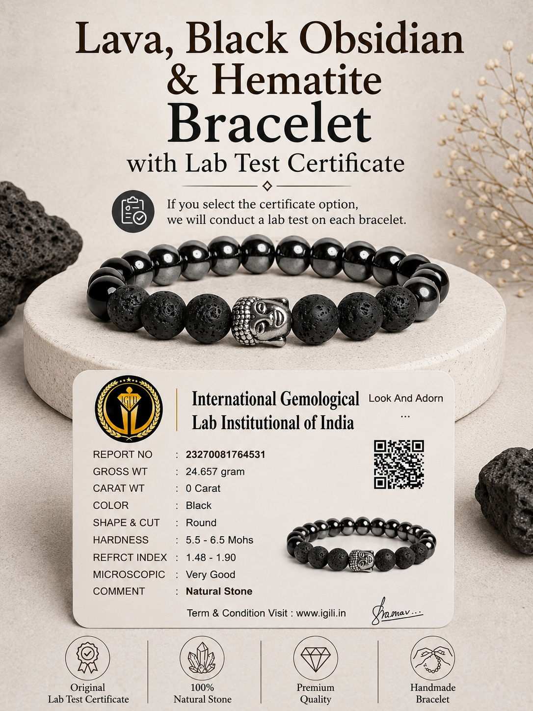 Triple protection Bracelet - Lava, Hematite & Black Obsidian LOOK AND ADORN - designed for you