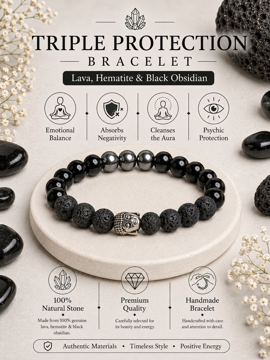 Triple protection Bracelet - Lava, Hematite & Black Obsidian LOOK AND ADORN - designed for you