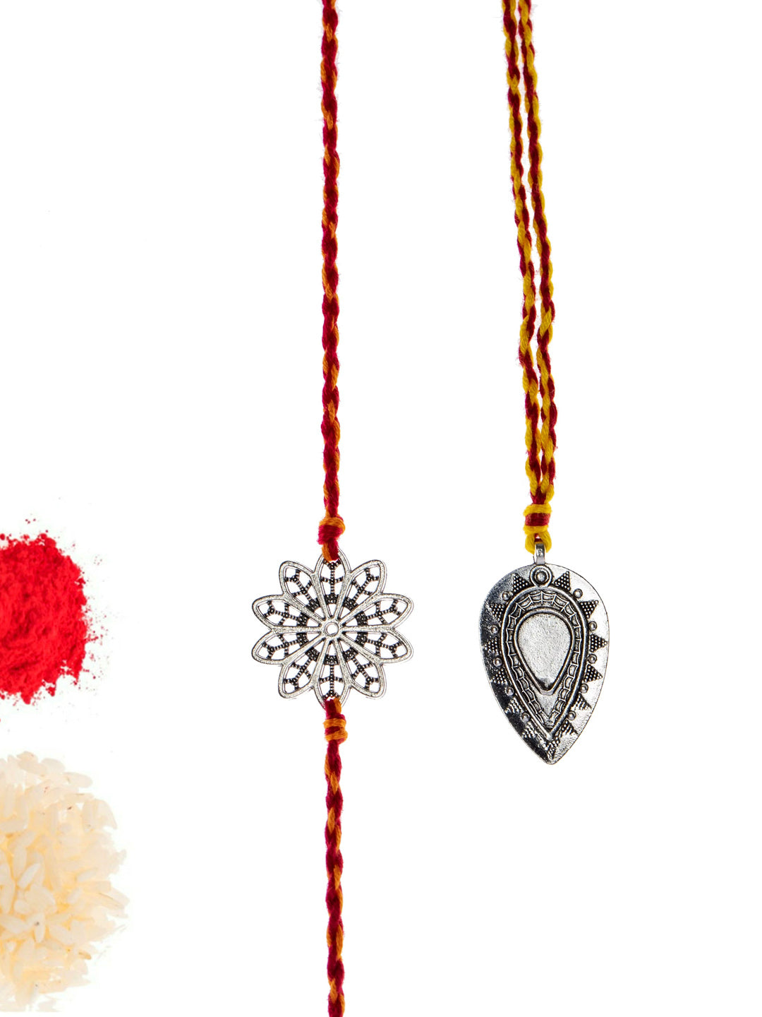 LOOK AND ADORN lumba rakhi set with silver floral and teardrop charms on red and yellow braided threads